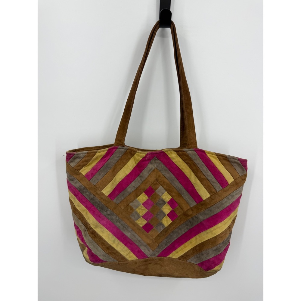 Antik Batik Patchwork Suede Tote Bag Womens Large Multi Color Boho Chevron